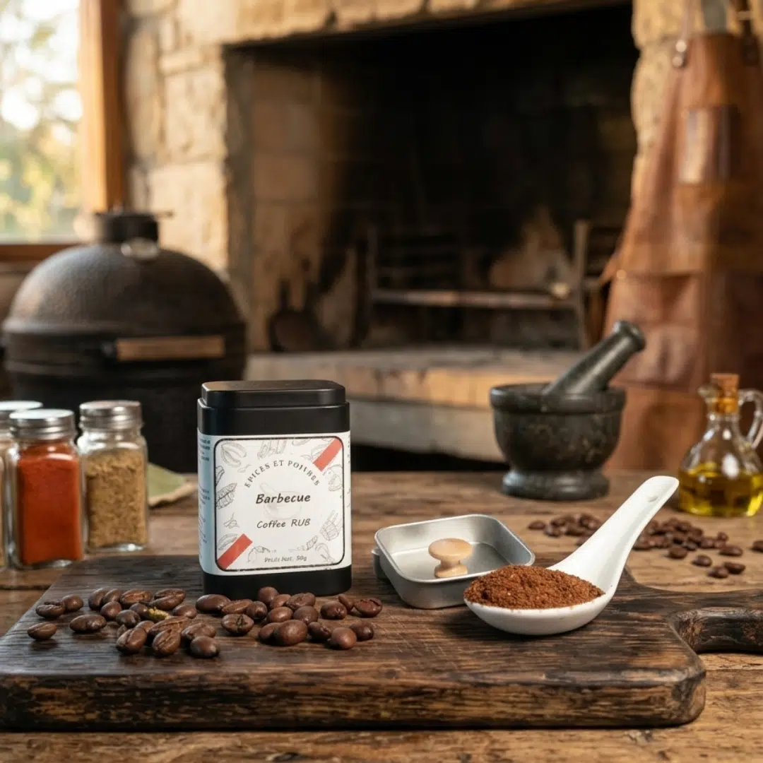 Et si le café devenait la star de vos barbecues d’été ? Photo du rub épices et café posée sur une table avec des épices et des grains de café torréfiés autour
